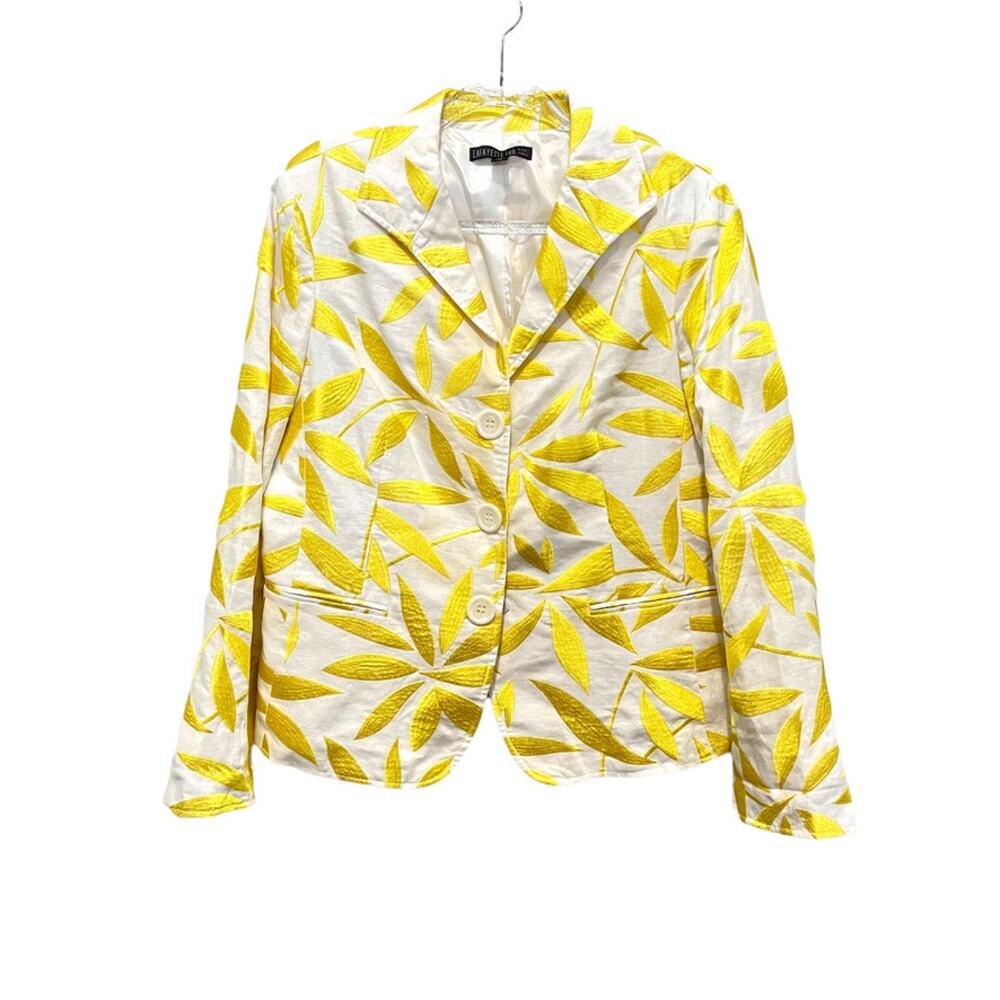 Lafayette 148 Blazer Womens Size 14 Yellow Leaf Embroidered Pure Linen Jacket